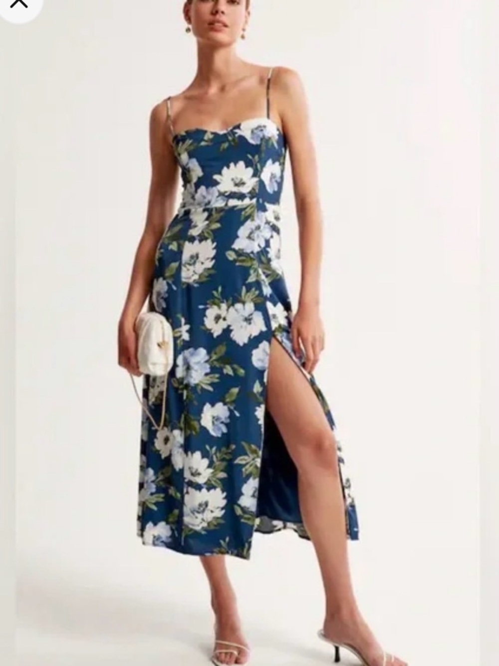 Abercrombie Floral Spaghetti-Strap Midi Dress in Deep Blue